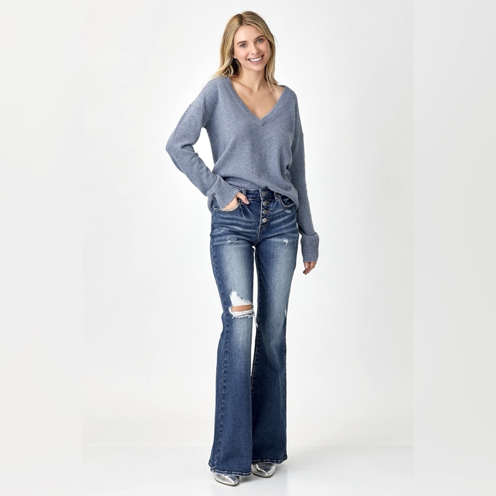 RISEN Distressed Button-Fly Flare Jeans - Picture 2 of 7